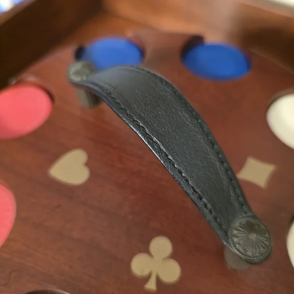 BOMBAY ♠️ Wooden Poker Chip Handle Carousel Caddy w/RedBlueWhite & Black Chips